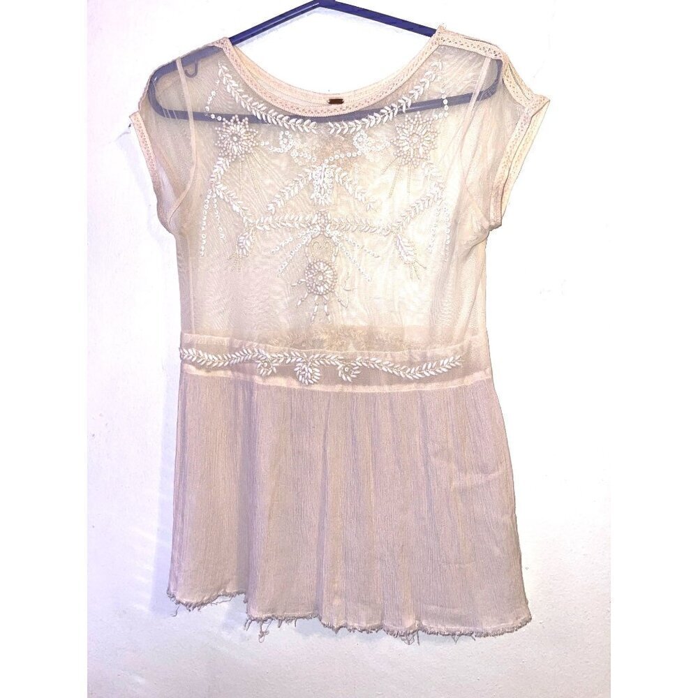 Free People Top Women's Cream Sheer Beaded Mesh Boho Lace Fairy Top TINY FLAW XS